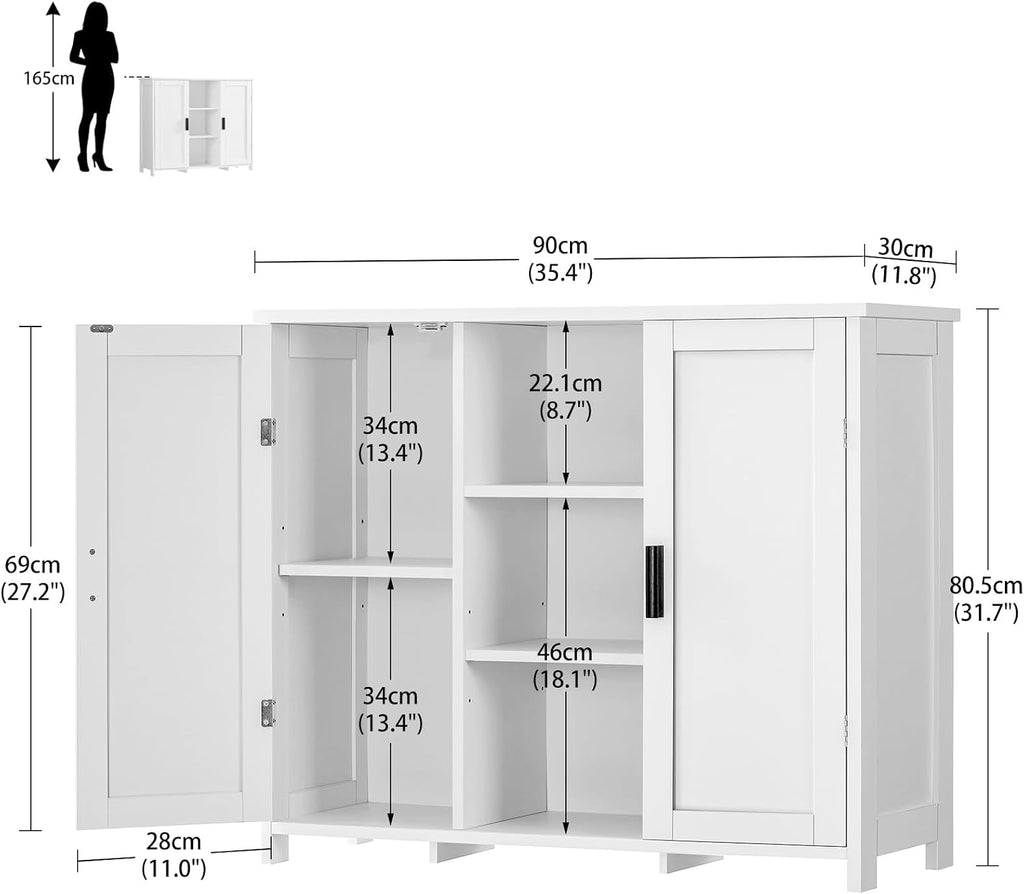 Sideboard with 2 Doors, Kitchen Storage Cabinet with Worktop & 4 Shelves, Buffet Cabinet for Kitchen, Bathroom, Living Room, Dining Room & Hallway, 90 X 30 X 80Cm, White