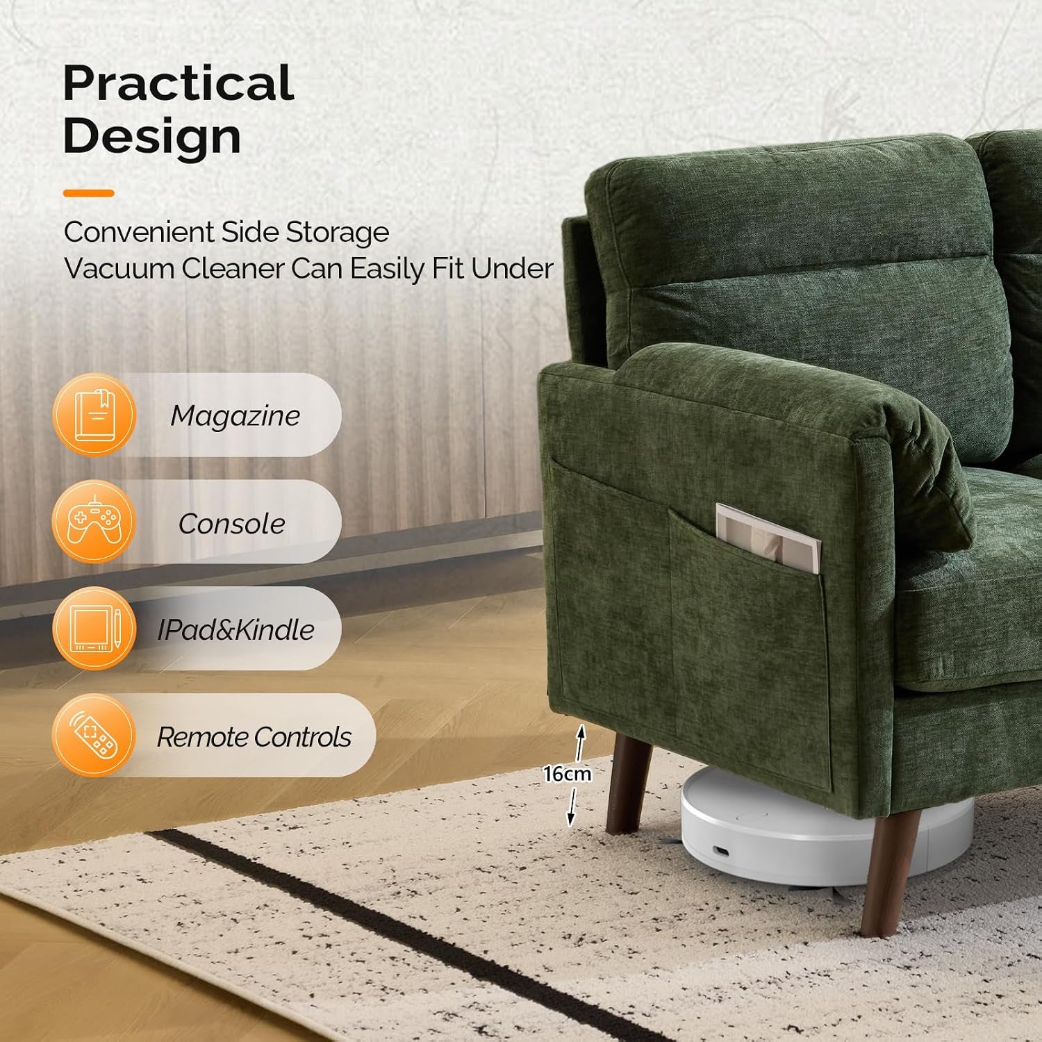 2 Seater Sofa, Modern Small Sofa with Soft Cushion and Tapered Legs | Compact Loveseat with Side Pocket Storage and Deep Seat, Perfect Couch for Living Room, Bedroom, Office, Apartment, Green