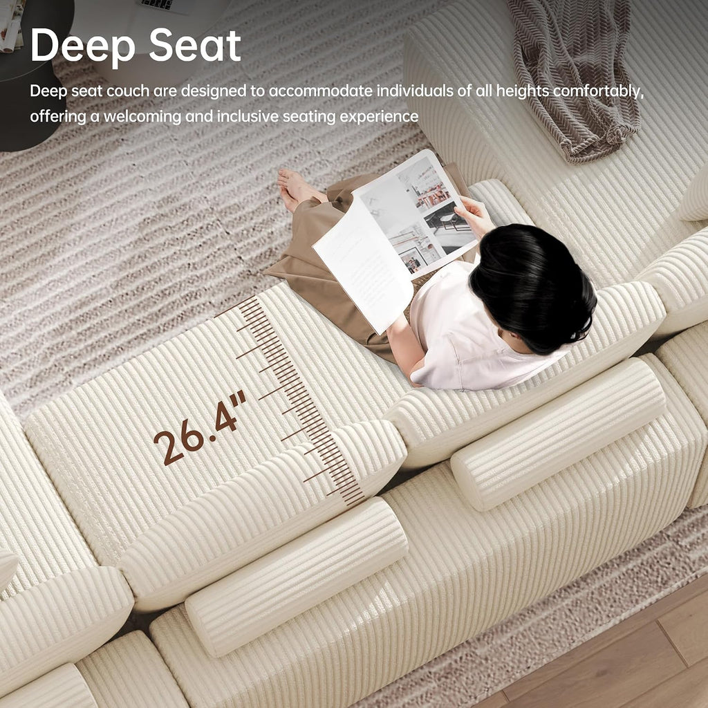 320Cm U Shaped Sofa Modular Convertible Boneless Couch | Comfort Sectional Sofa Couch, Modern Corduroy Deep Seat Couch, Convertible 4-Seater for Living Room (Beige)