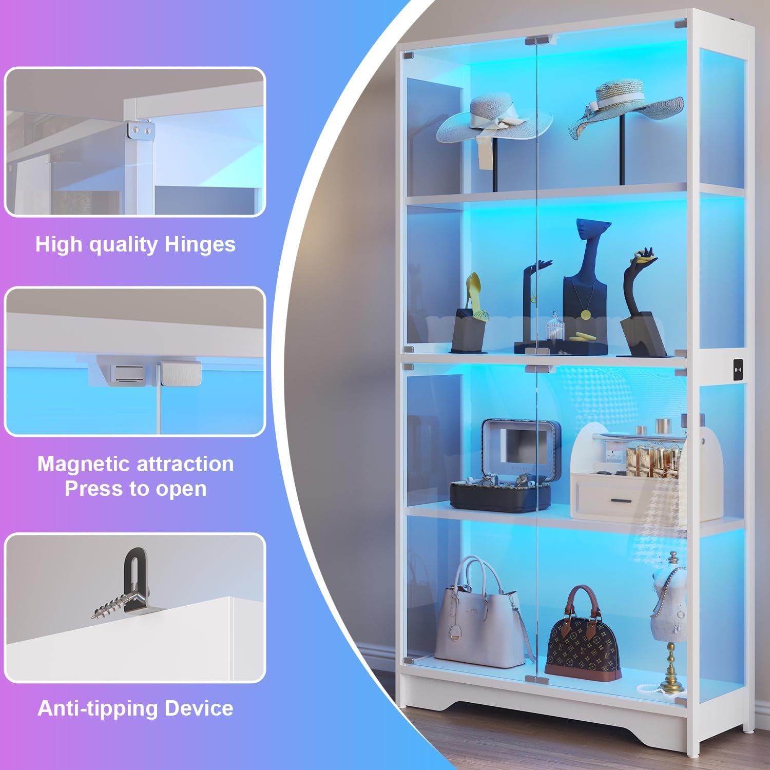 Display Cabinet with Glass Doors, 63" Tall Curio Cabinet with Human Sensor RGB LED Lights, 4-Tier Glass Display Case with 15Mm Thick Shelves for Action Figures, Collectibles, Books - White