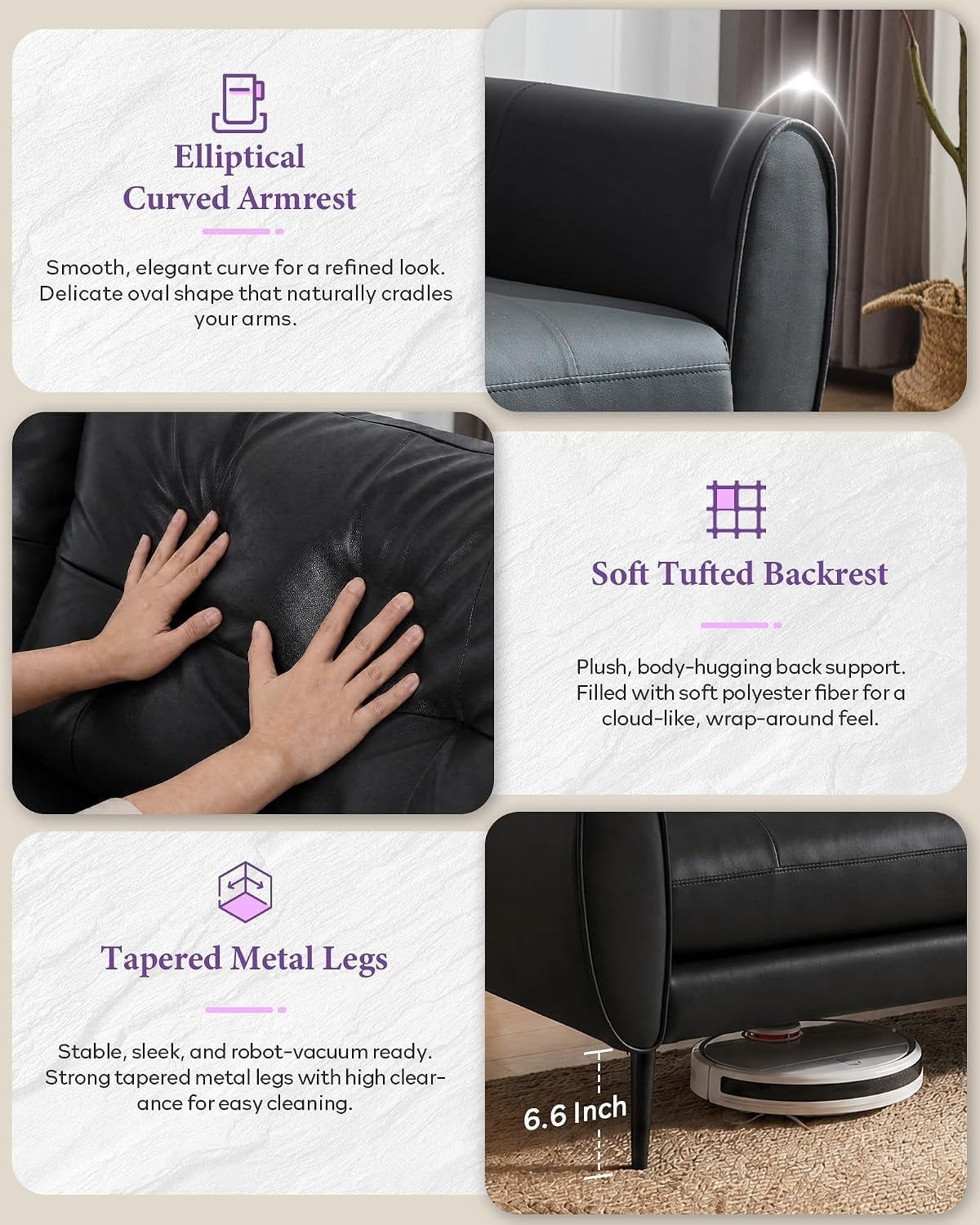 2 Seater PU Leather Loveseat Sofa for Small Spaces Black | Compact Modern Design Sofa for Livingroom Bedroom Home Office Stylish PU Leather Two-Seater Sofa Couch with Sturdy Frame