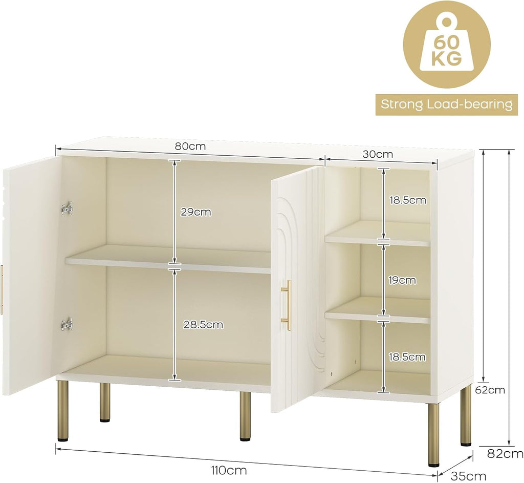Sideboard with Curved Texture, Cream White, 110X35X82 Cm | Wooden Storage Cabinet with 2 Doors and 3 Tier Shelves, Kitchen Cupboard Storage, Buffet for Living Room Kitchen Hallway