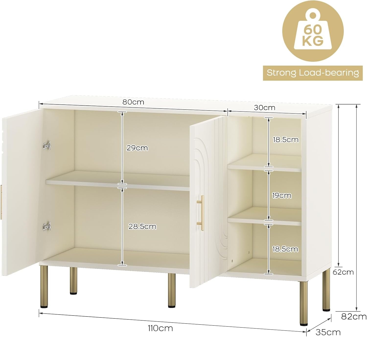 Sideboard with Curved Texture, Cream White, 110X35X82 Cm | Wooden Storage Cabinet with 2 Doors and 3 Tier Shelves, Kitchen Cupboard Storage, Buffet for Living Room Kitchen Hallway