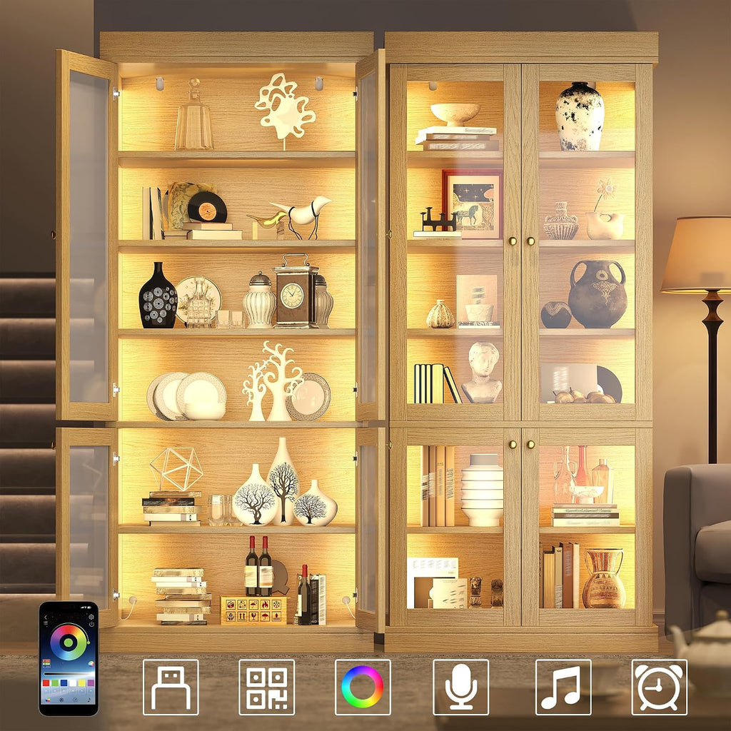 Modern Display Cabinets Combo with Glass Doors & LED Lights, Freestanding Bookcase/Cabinet for Living Room, Oak Colour