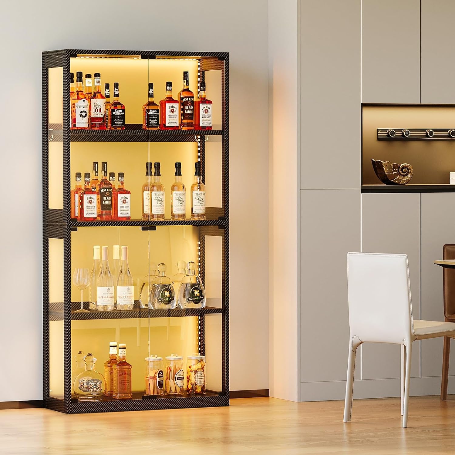 Glass Display Cabinet with RGB LED Light, 160X70X30Cm, Black | Display Cases with 3 Color Lights, Modern Storage Cabinet with Glass Door, Tall Bookcase for Home Office, Living Room
