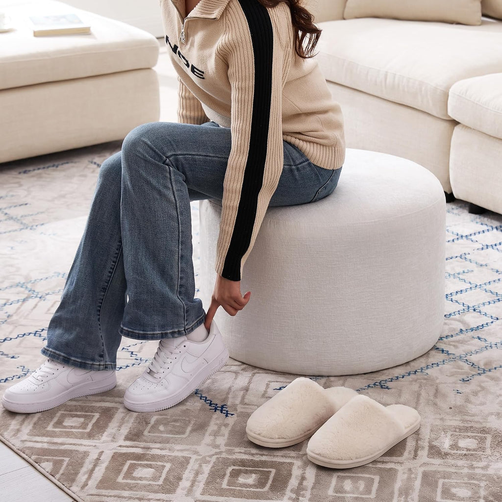 round Ottoman Foot Stool, Large Pouffe Footstool, White | Chenille Upholstered Foot Rest, Wood Frame, 57.5Cm Width, 120Kg Capacity, No Assembly Stool for Living Room Bedroom Hallway