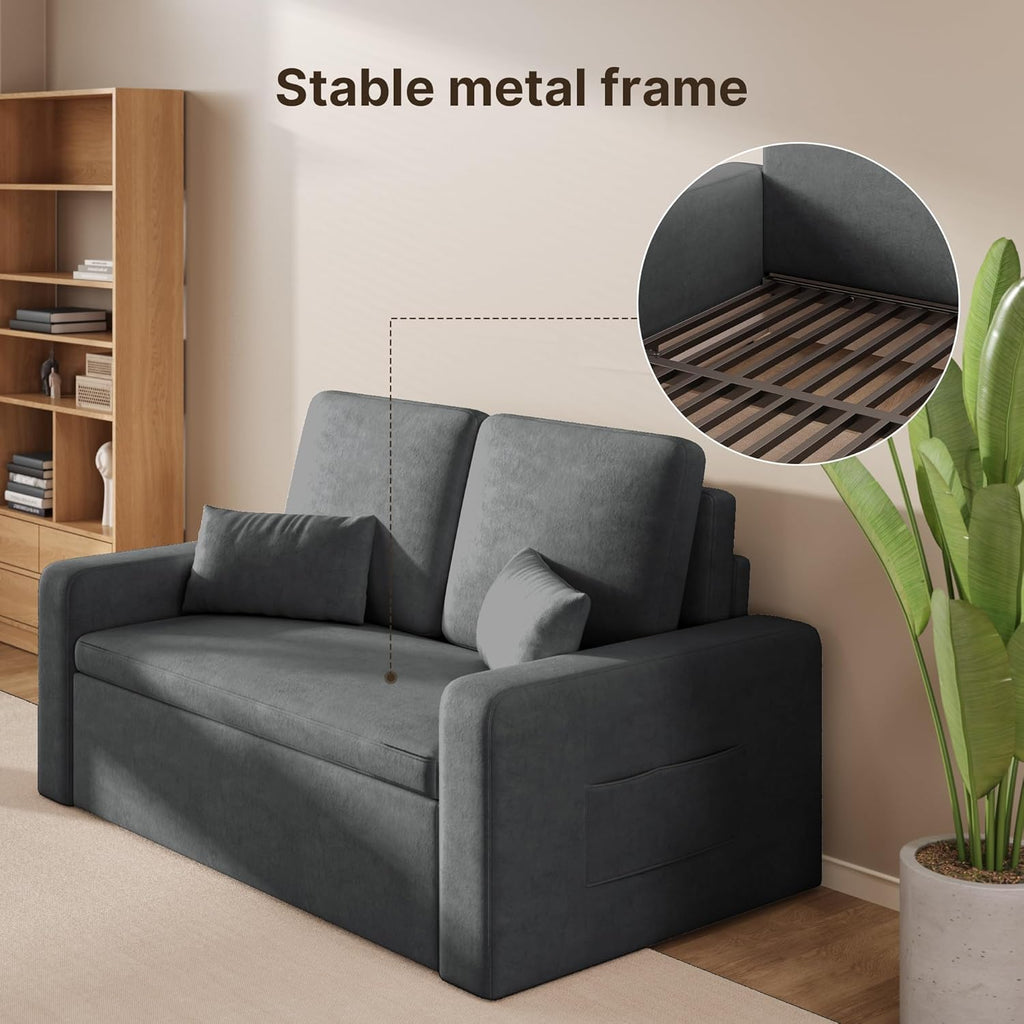2-Seater Sofa Bed, Extendable Sleeper Couch with Pull-Out Function, Modern Velour Fabric for Living Room, Guest Room or Office