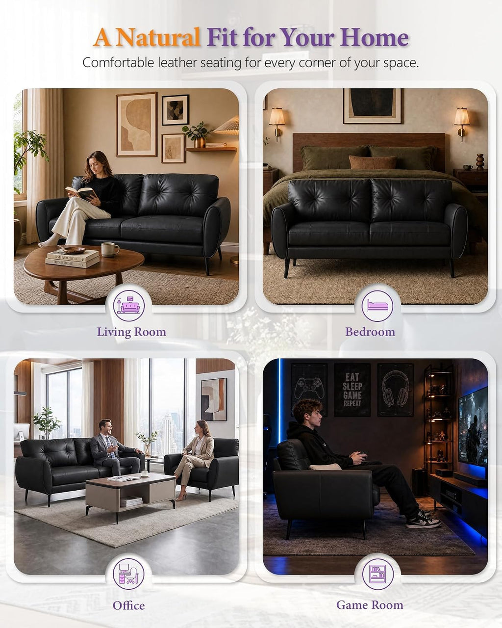 2 Seater PU Leather Loveseat Sofa for Small Spaces Black | Compact Modern Design Sofa for Livingroom Bedroom Home Office Stylish PU Leather Two-Seater Sofa Couch with Sturdy Frame