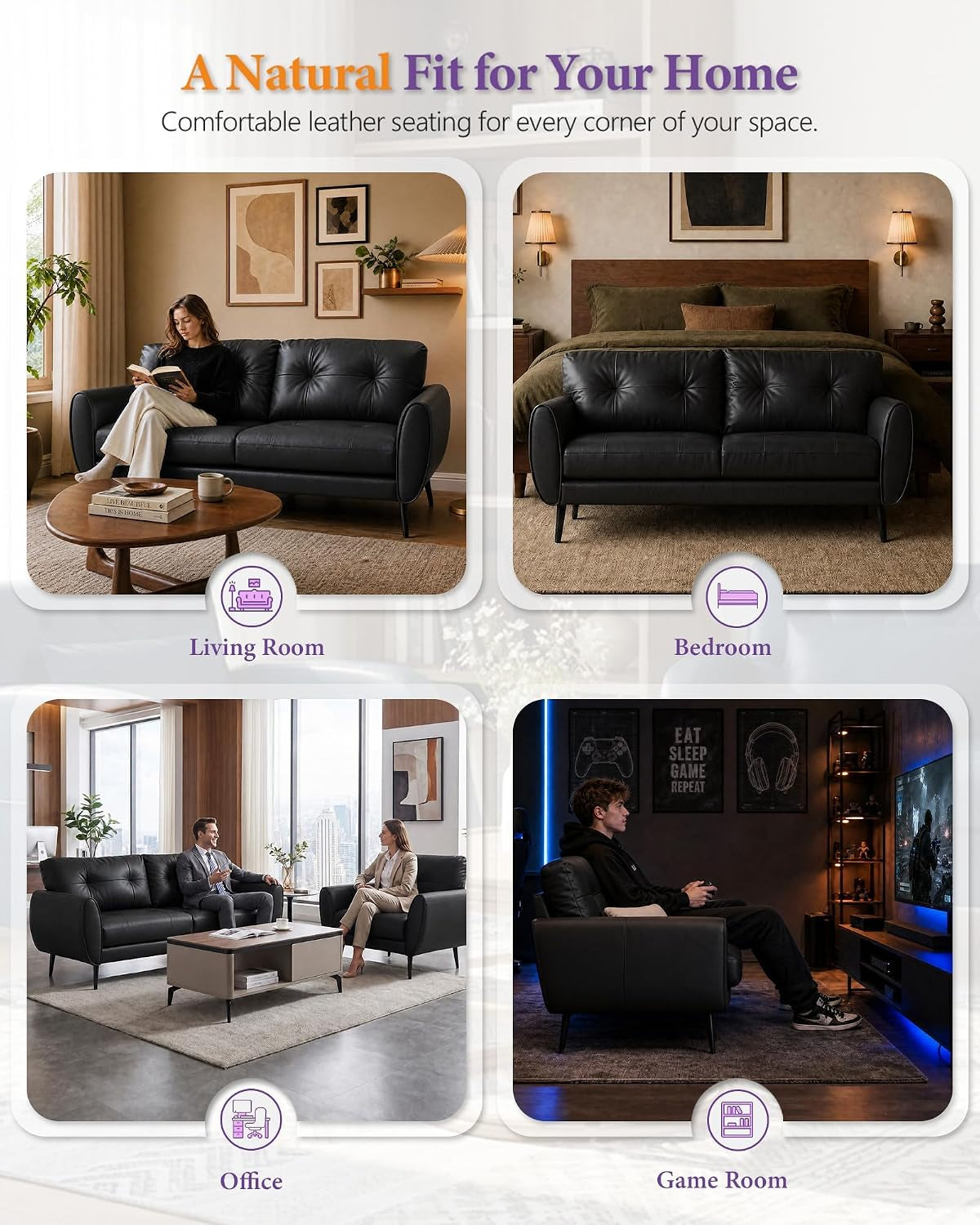 2 Seater PU Leather Loveseat Sofa for Small Spaces Black | Compact Modern Design Sofa for Livingroom Bedroom Home Office Stylish PU Leather Two-Seater Sofa Couch with Sturdy Frame
