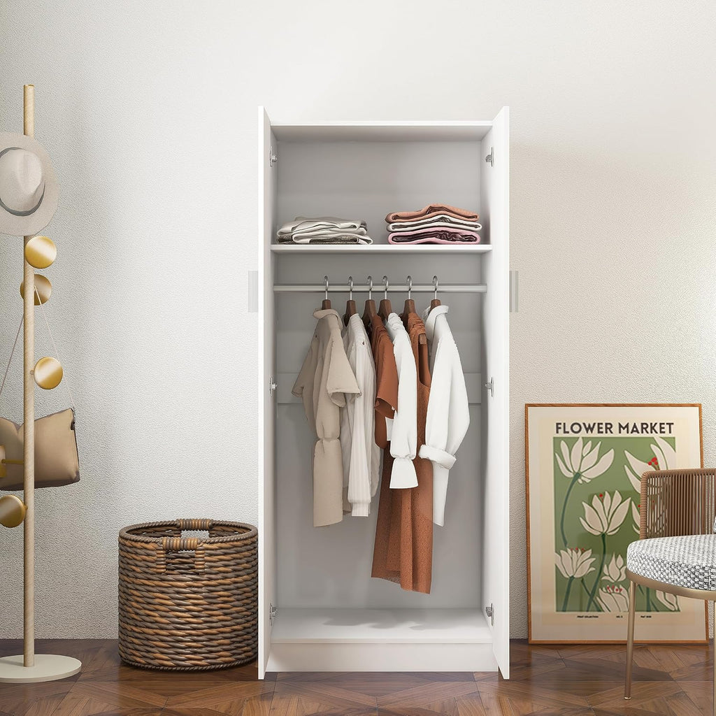 Wooden 2 Door Wardrobe with Shelf and Hanging Rail Modern Clothes Storage Cupboards Unit for Bedroom Furniture W 72 X D 49 X H 169 Cm (White)