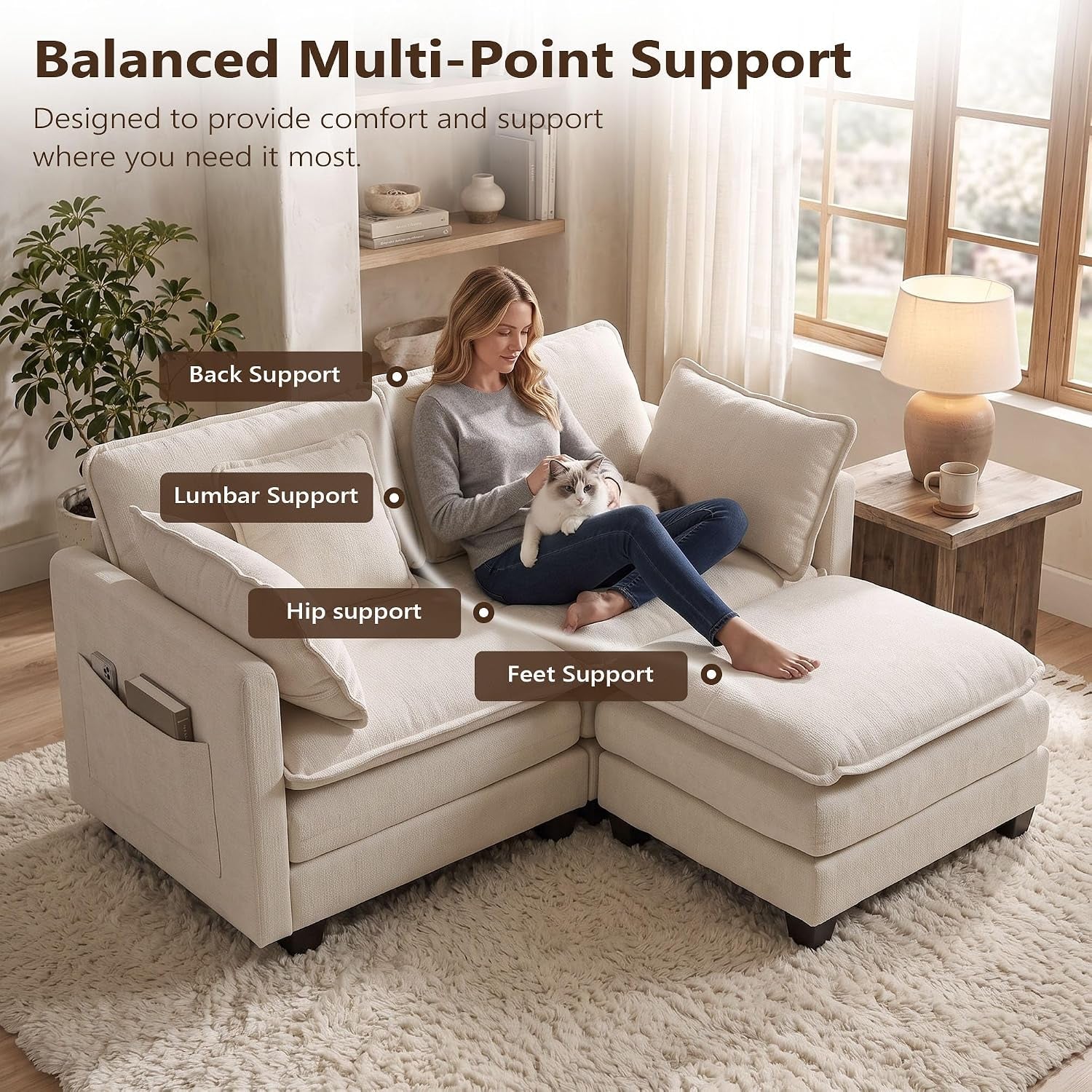 L Shaped Sofa, 162Cm Chenille 2 Seater with Ottoman, Begie | Deep-Seat Modular Design with a Movable Ottoman Footstool for Living Rooms, Bedrooms and Small Spaces