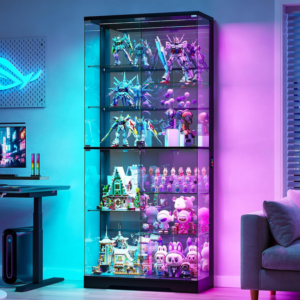180Cm Glass Display Cabinets with RBG Lights for Collectibles,Black | 10-Tier Curio Cabinet with Lockable, Display Cases with Human Body Sensor and Glass Shelves for Books, Toys