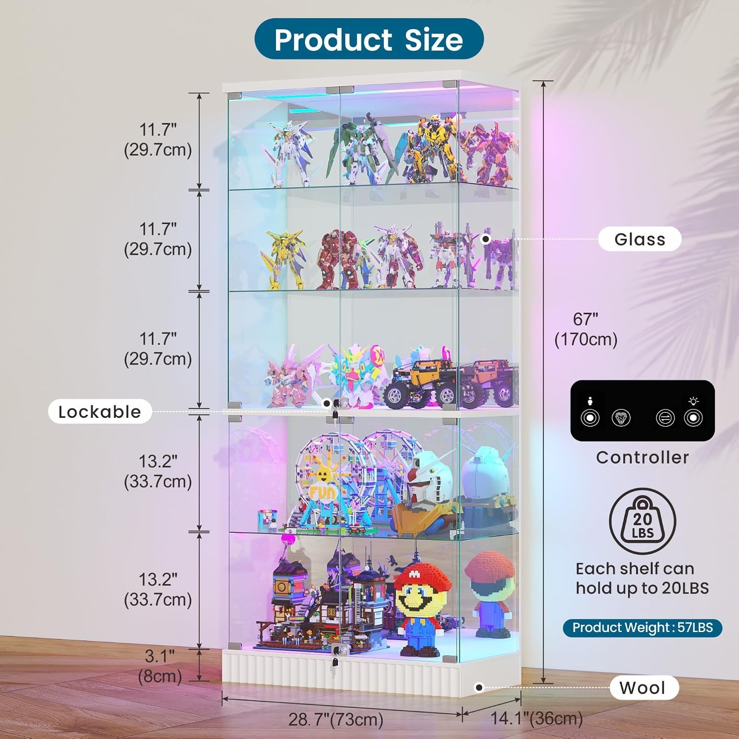 5 Tier Glass Display Cabinet Withrbg Lights for Collectibles,White