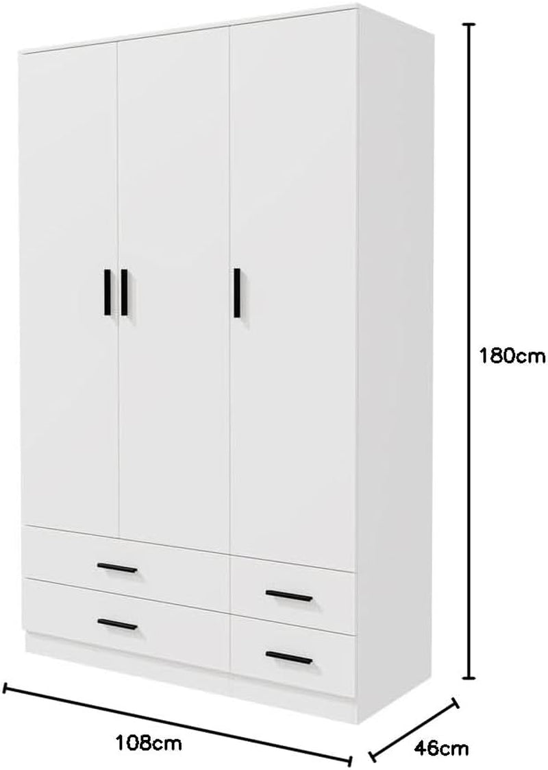 Modern 3 Door 4 Drawer Wardrobe with Hanging Rail, Bedroom Furniture, Storage Shelf Clothes Organiser Stylish Design, Ample Storage Solution (White)