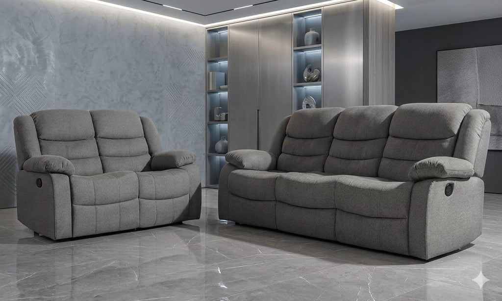 MNS Roma Fabric Reclining Sofa, Grey Fabric, 3+2 Seater with Cup Holders