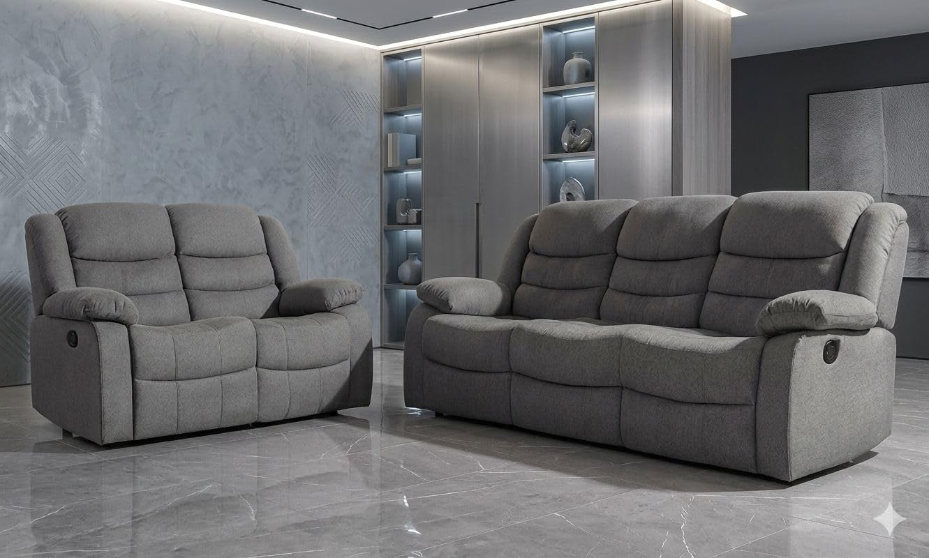 MNS Roma Fabric Reclining Sofa, Grey Fabric, 3+2 Seater with Cup Holders