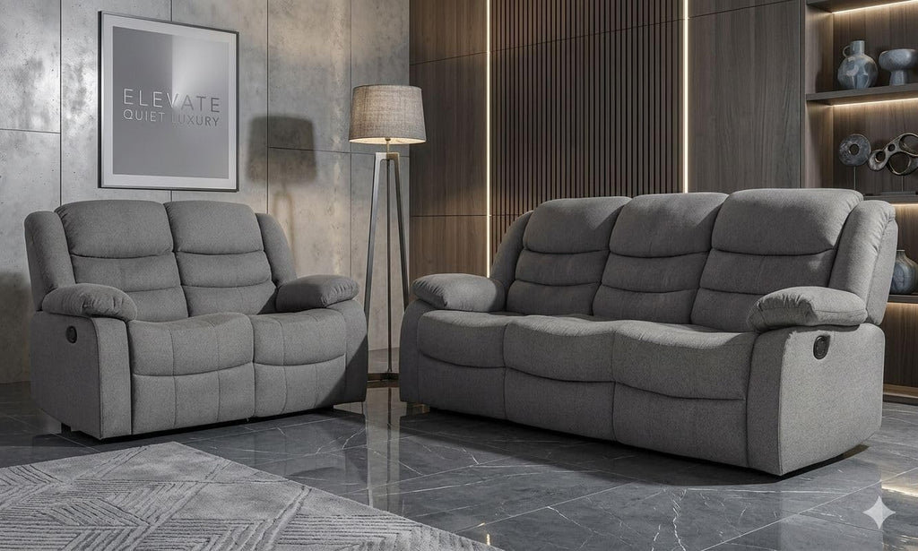 MNS Roma Fabric Reclining Sofa, Grey Fabric, 3+2 Seater with Cup Holders