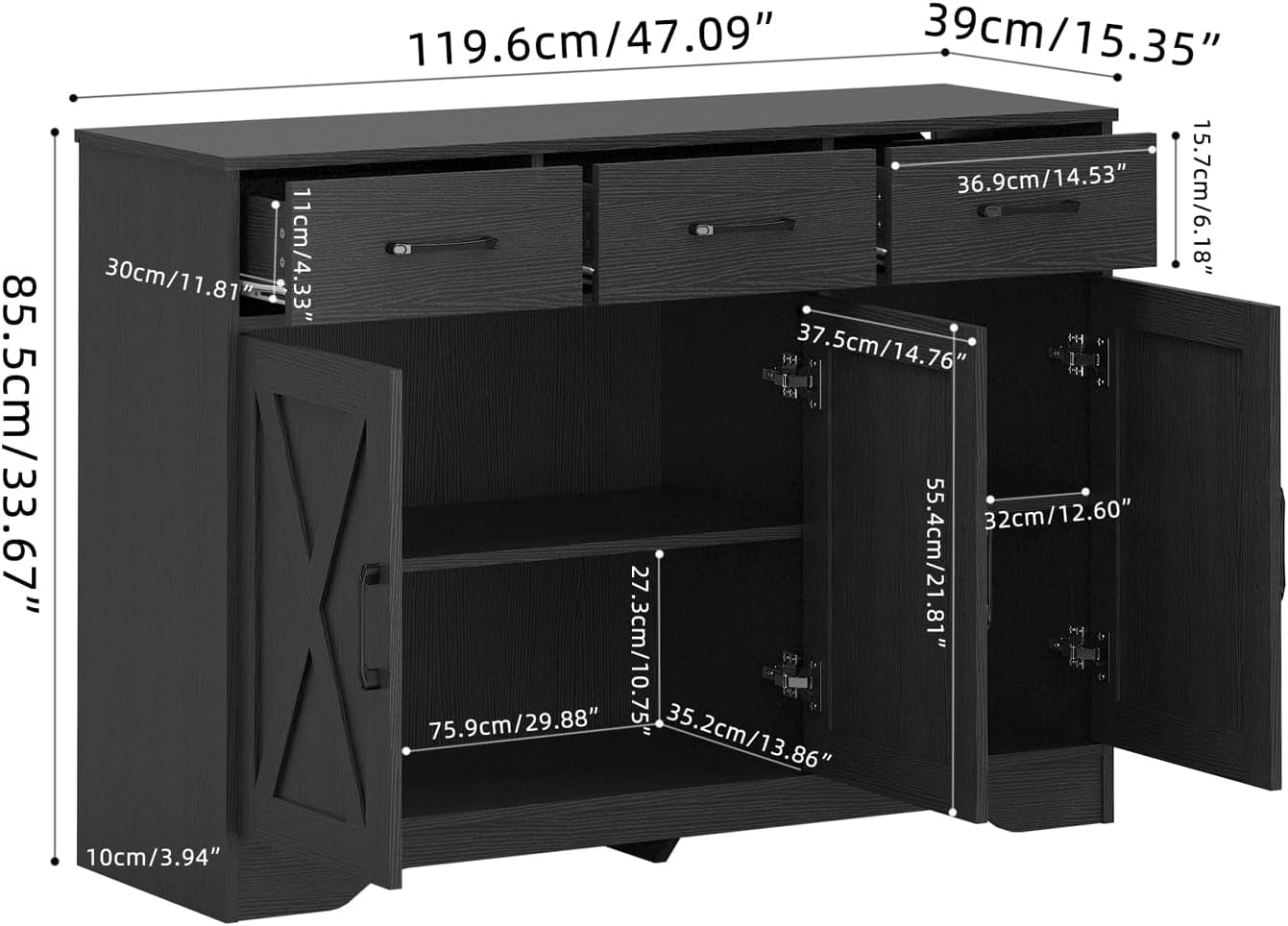 Wooden Sideboard 3 Drawers 3 Doors Entryway Dining Room Console Living Room Storage Farmhouse Sideboard Cabinet (Black)