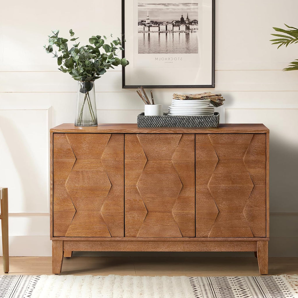 115 Cm Wooden Sideboard with Adjustable Shelves, Seadrift | 3-Door Storage Cabinet with Hexagonal Door Design, Solid Wood Legs, Ample Storage for Living Room, Dining Room, Easy Assembly