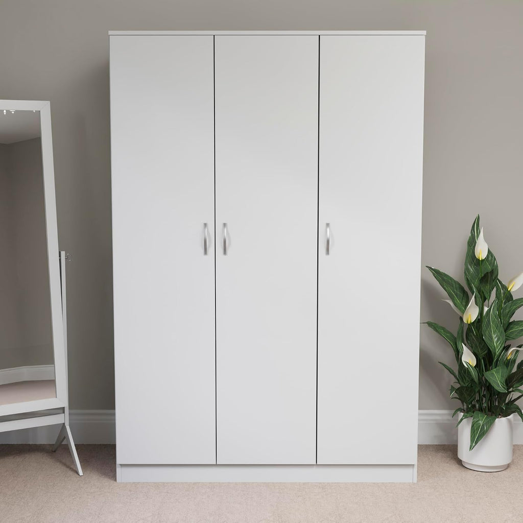 Riano 3 Door Wardrobe | White | Bedroom Furniture | 170H X 115.4W X 53D Cm | with Shelf & Hanging Rail | Large Capacity Storage