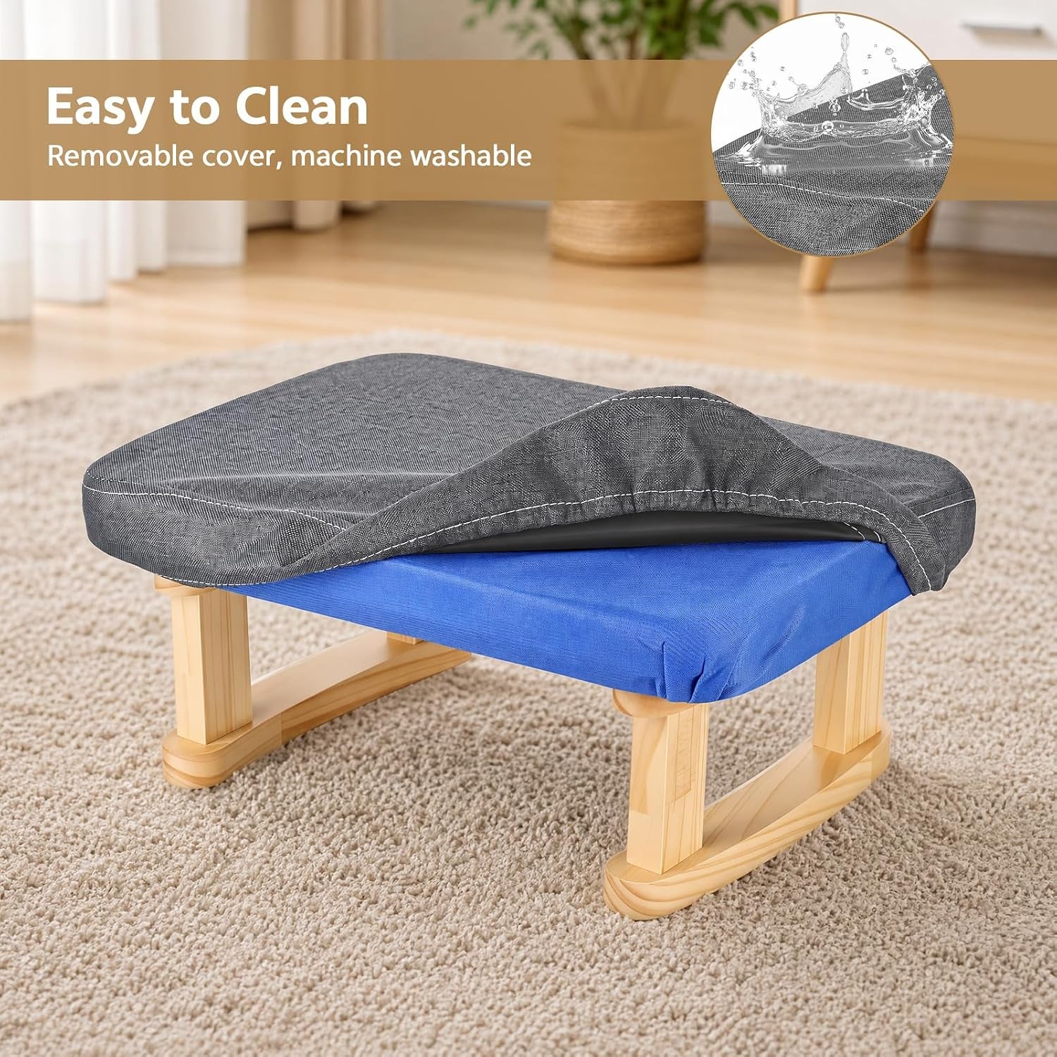 Small Footstool, Lightweight Pouffe Footstool with Stable Wooden Legs and Removable Soft Cushion Cover, Modern Foot Rest under Desk for Living Room Bedroom Office Hallway Entryway (Dark Gray)