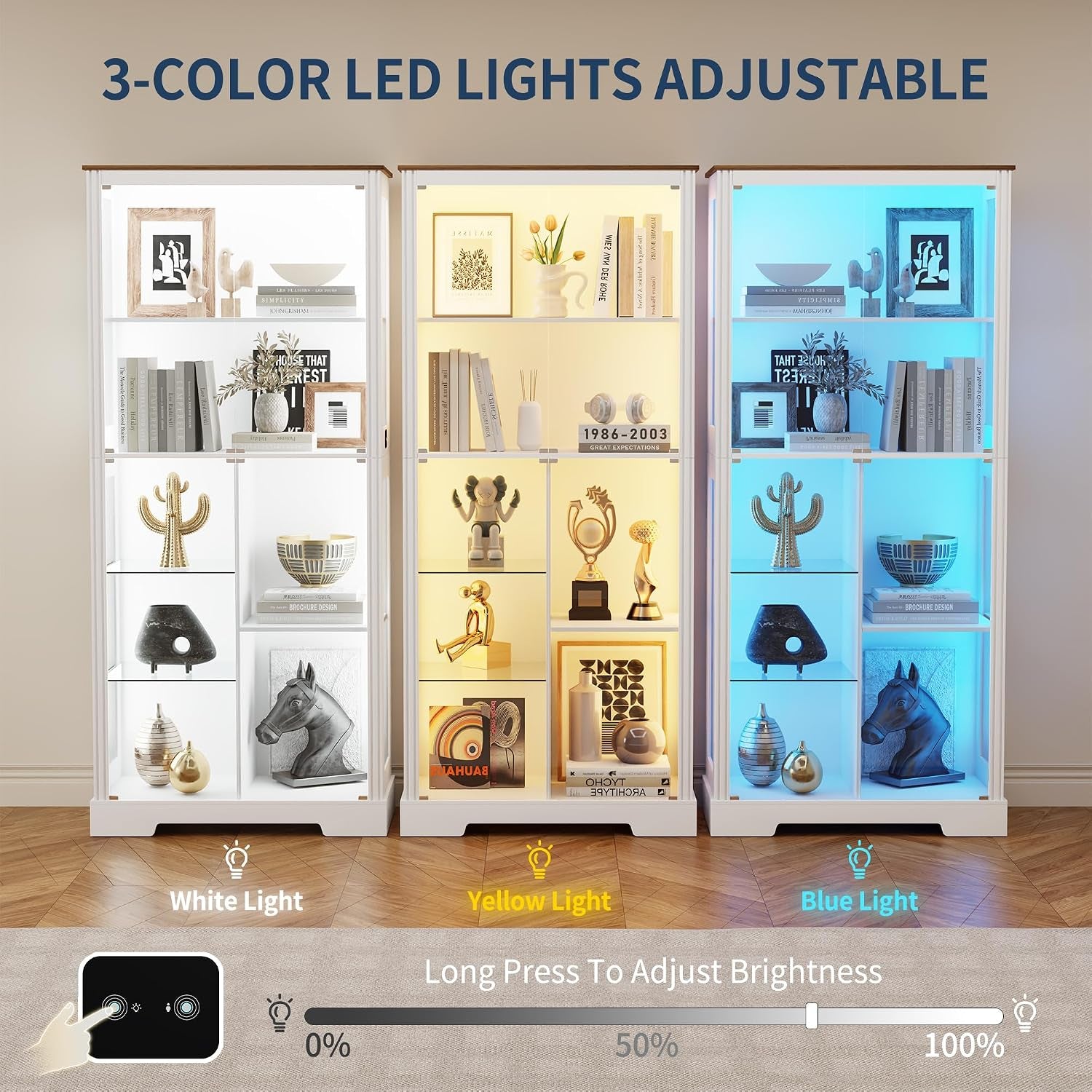 180Cm LED Display Cabinet with Glass Doors for Collectibles,White | Curio Cabinet with Glass Shelf,6-Tier Display Cases with 3 Color Lights and Human Body for Bedroom,Books,Toys