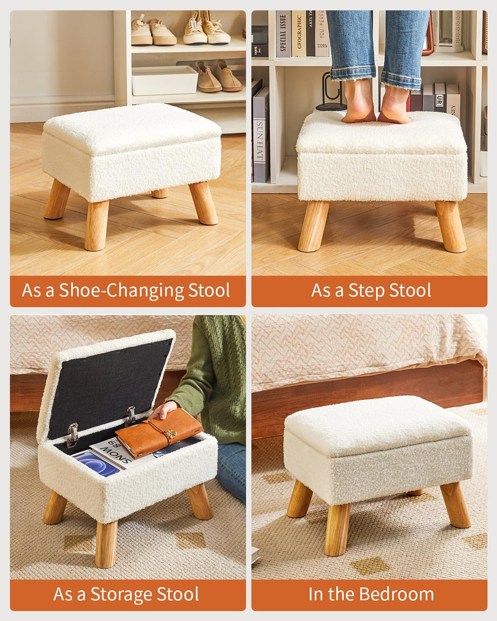 Footstool with Storage, Small Foot Stool Ottoman with Sturdy Wood Legs Stool, Foot Rest with Padded Seat, for Living Room Bedroom Couch Enterway 40 ×30 ×28CM White HBD042W