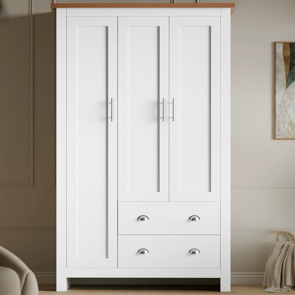3 Door Wardrobe, MDF Wooden Bedroom Wardrobe with Hanging Rail, Modern Large Storage Cupboard Organiser with 4 Shelves and 2 Drawers, Triple Wardrobe for Bedroom Furniture (White & Oak)