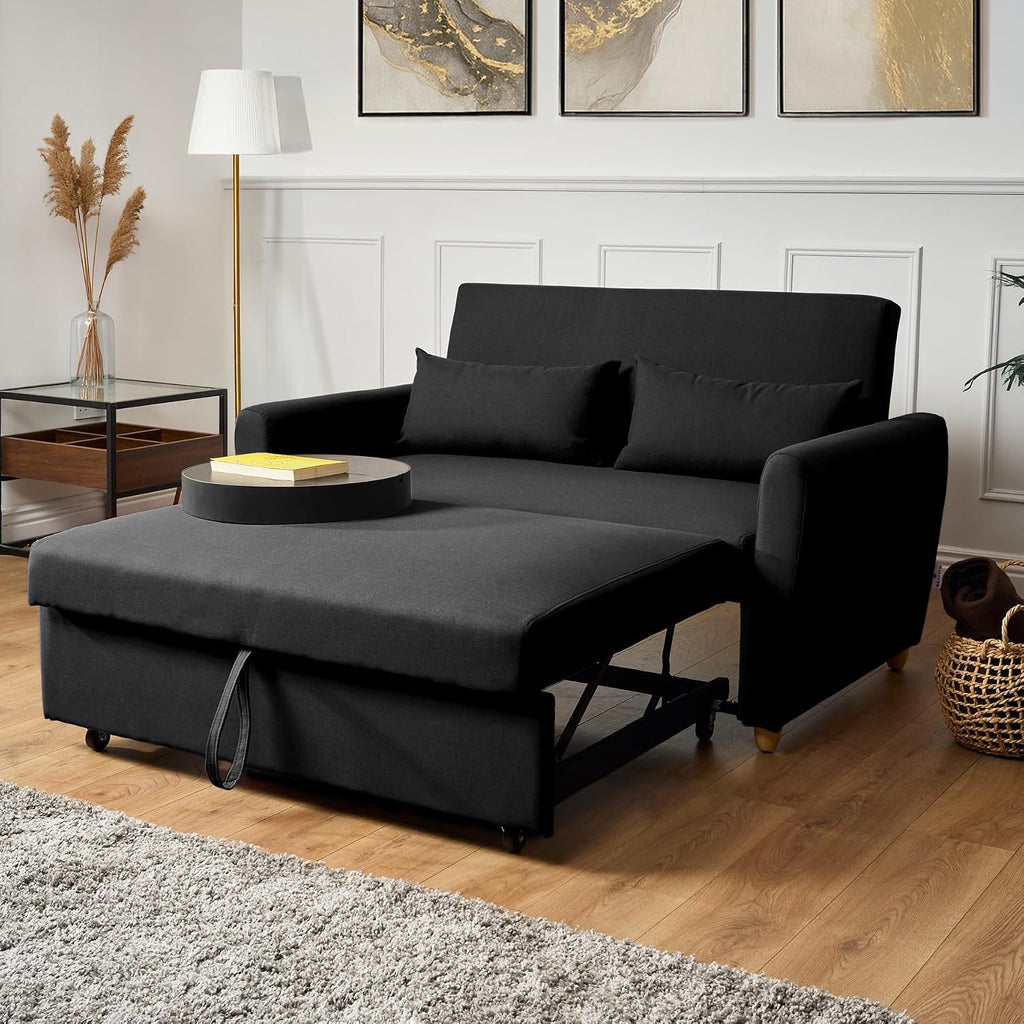Black 2 Seater Sofa Bed Double, Pull Out Sofa Bed for Adults, Compact Fabric Sofabed with Fold Flat Mattress | Living Room Guest Bed | 140Cm