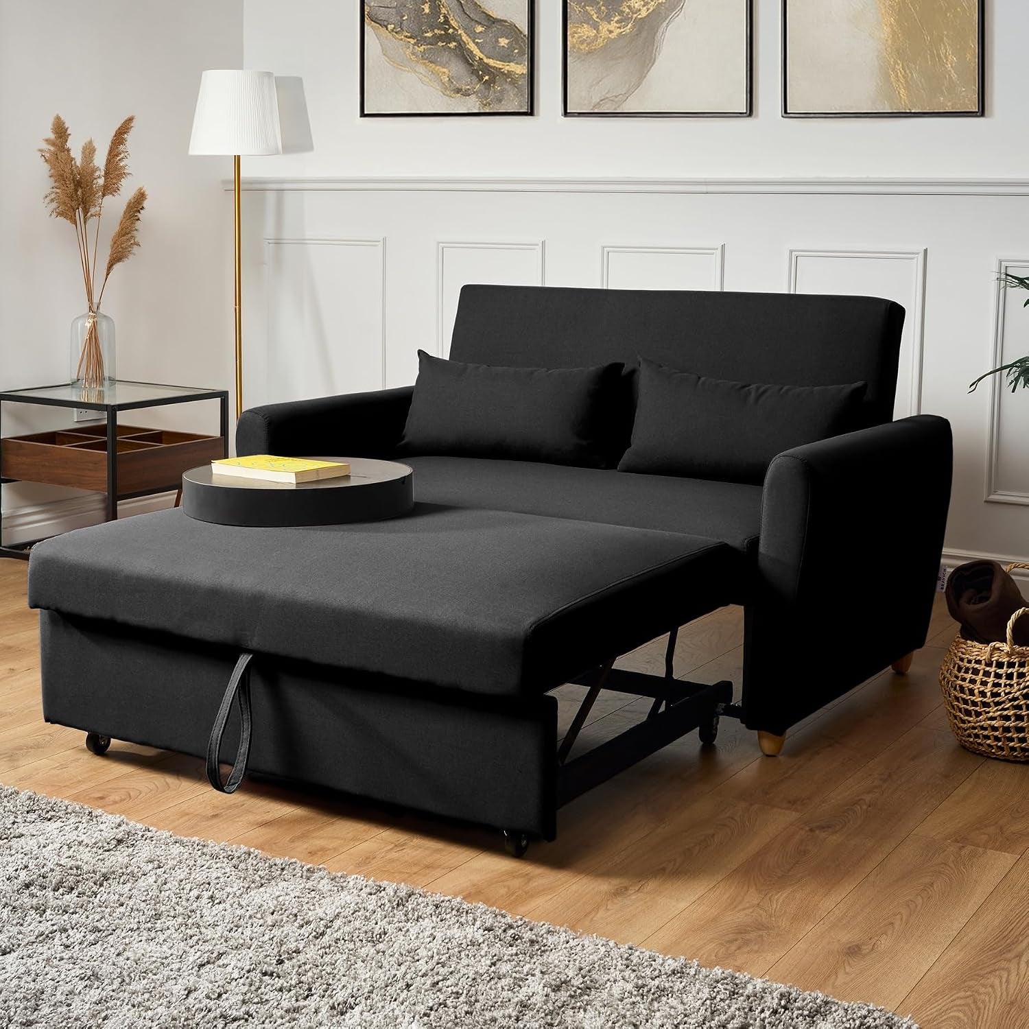 Black 2 Seater Sofa Bed Double, Pull Out Sofa Bed for Adults, Compact Fabric Sofabed with Fold Flat Mattress | Living Room Guest Bed | 140Cm