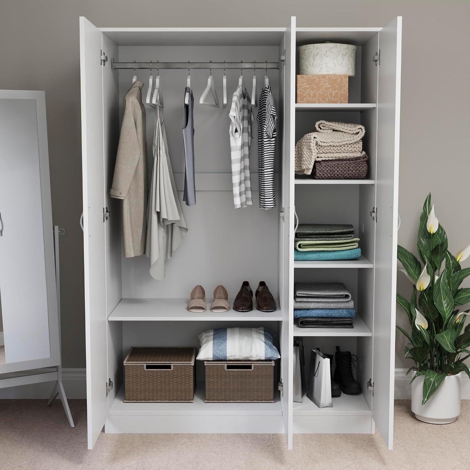 Riano 3 Door Wardrobe | White | Bedroom Furniture | 170H X 115.4W X 53D Cm | with Shelf & Hanging Rail | Large Capacity Storage