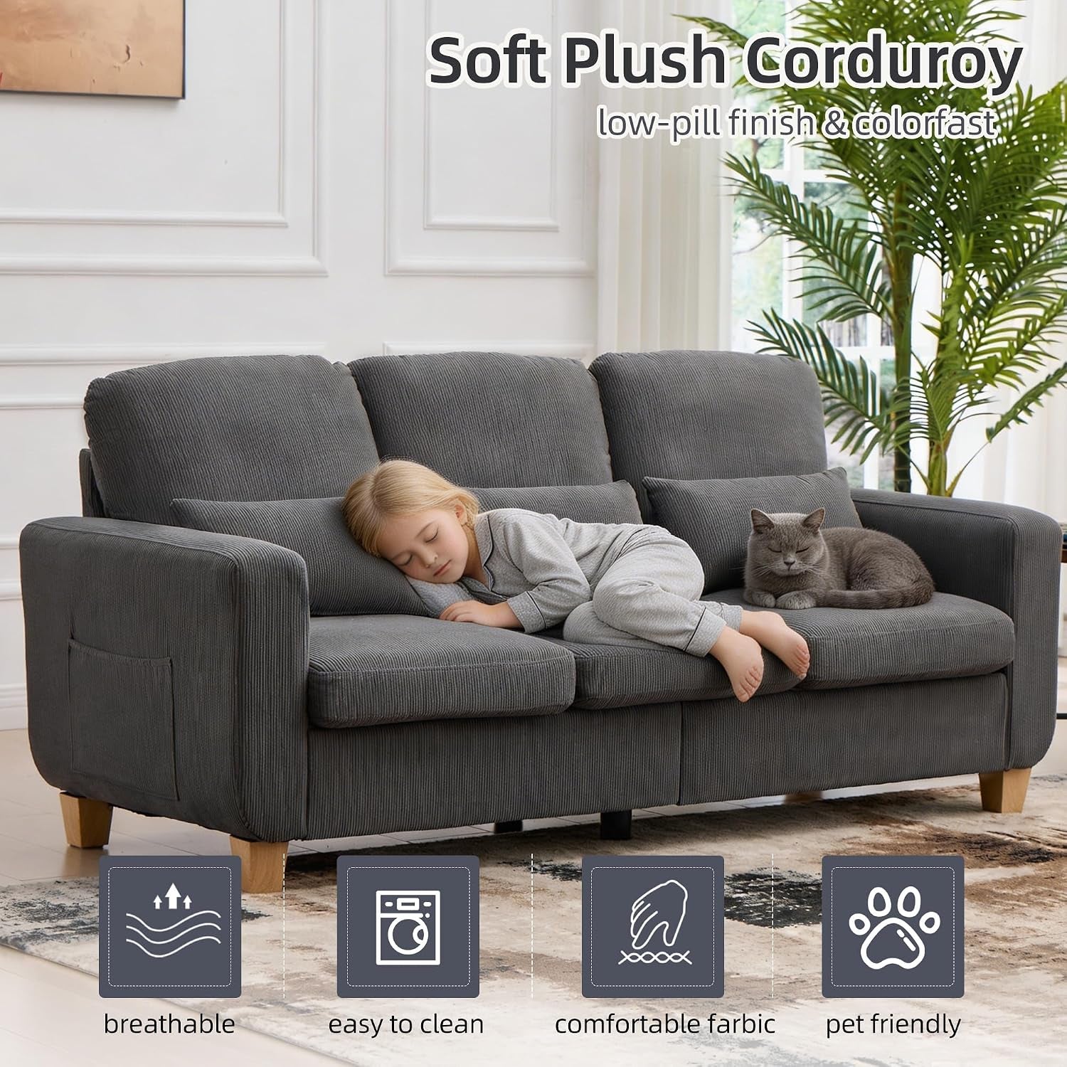 3 Seater Sofa, Corduroy Couch with Solid Wood Frame,Gray | 16Cm Thick High Density Foam, Removable Machine-Washable Covers, Solid Wood Frame, Easy Assembly, UK Fire Safety Compliant.