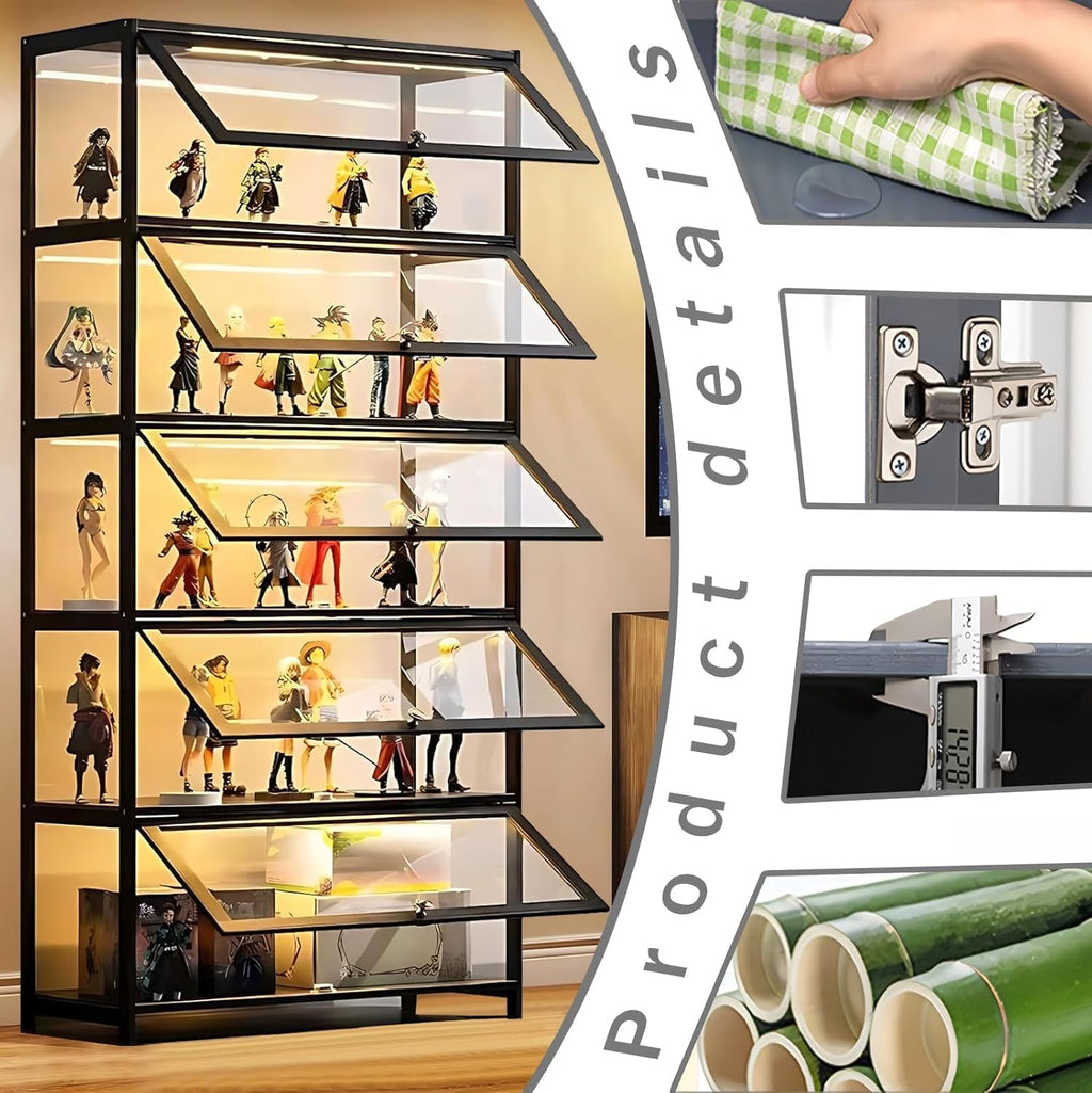 Display Cabinet with Acrylic Glass Door, 5 Tier Curio Display Case, Collectibles Toy Organizers Rack & Display Shelf, Kids Bookcase for Bedroom Reading Room (Black-Flip Door)