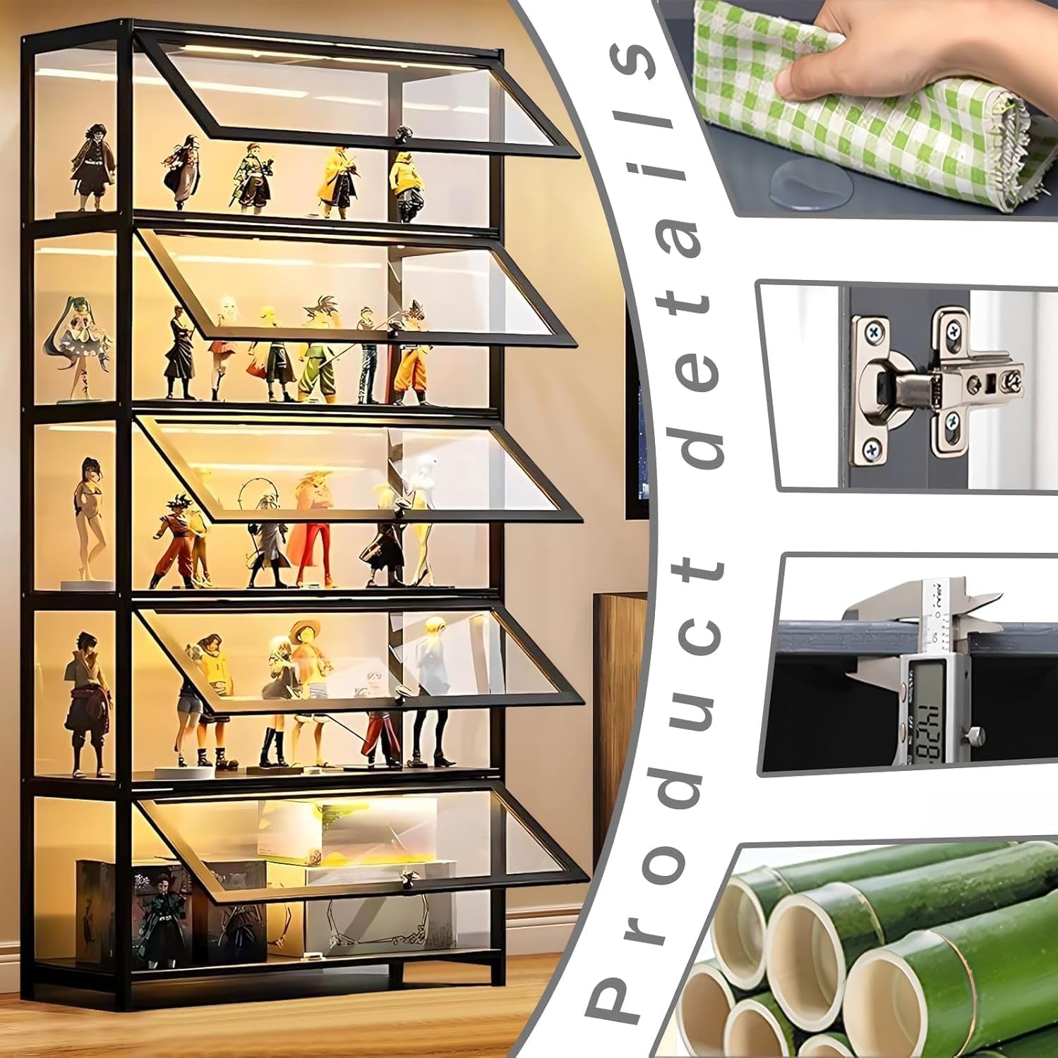 Display Cabinet with Acrylic Glass Door, 5 Tier Curio Display Case, Collectibles Toy Organizers Rack & Display Shelf, Kids Bookcase for Bedroom Reading Room (Black-Flip Door)