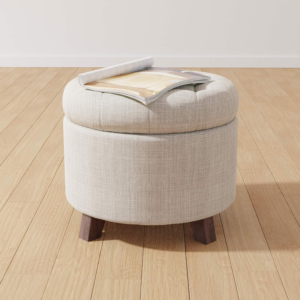 Upholstered Linen Tufted Storage round Ottoman Footstool, 50.8 X 43.2 X 50.8 Cm, Burlap Beige
