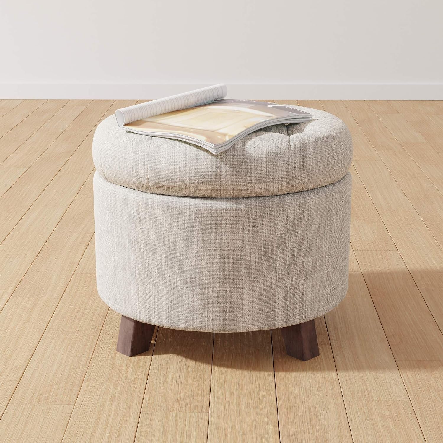 Upholstered Linen Tufted Storage round Ottoman Footstool, 50.8 X 43.2 X 50.8 Cm, Burlap Beige