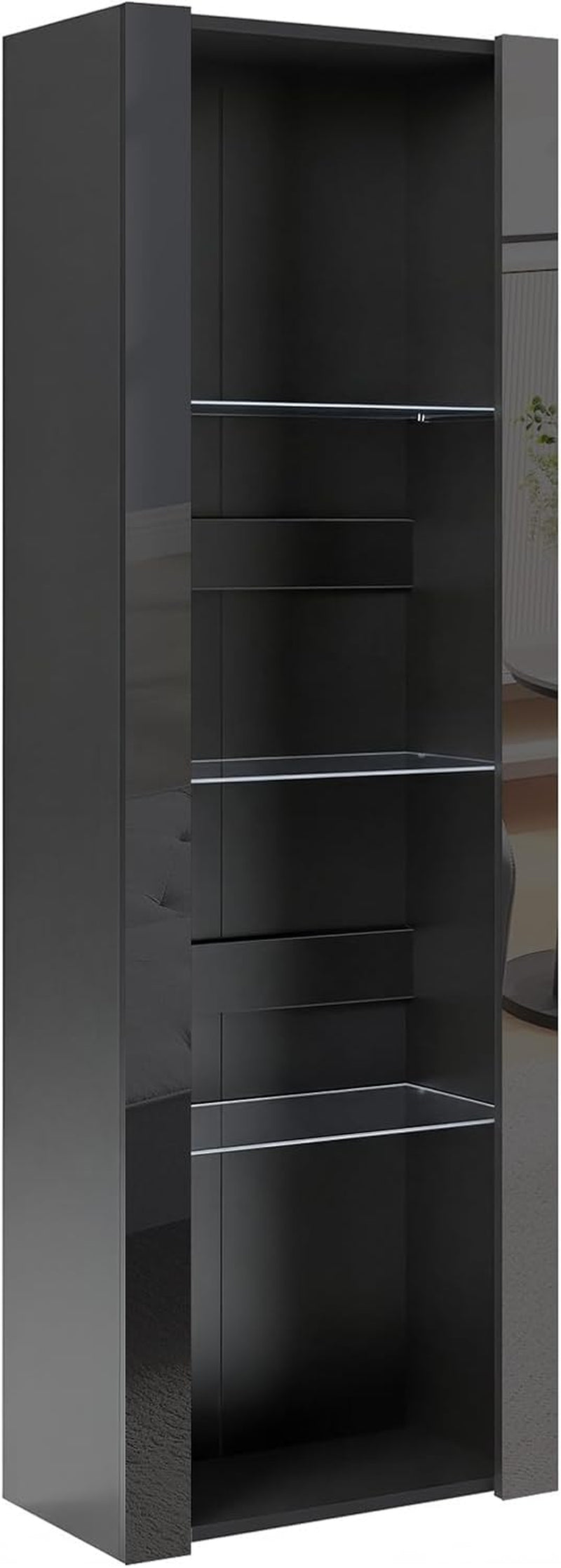 LED Tall Display Cabinet with Glass Shelf Modern Sideboard Cupboard Unit for Living Room Bedroom Furniture (Black Matt Body & Black High Gloss Fronts)
