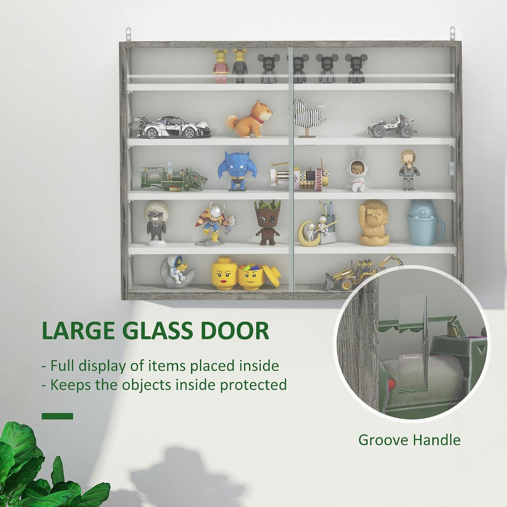 5-Tier Wall Mounted Display Cabinet Glass Doors 60X80Cm Grey Wood | Display Case, 4 Adjustable Shelves, for Home Office Ornaments