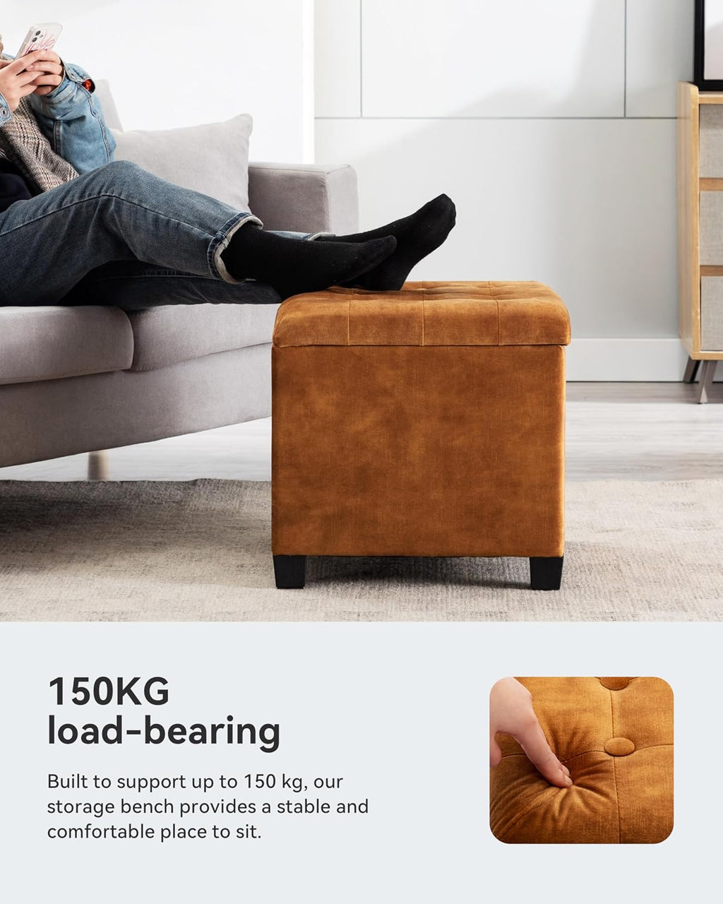 45Cm Velvet Storage Ottoman Footstool Pouffe with Lid (Mustard) | Cube Velvet Finish, Hidden Storage for Blankets and Toys, Padded Seat Comfort, Footstool and Extra Seating for Living Rooms