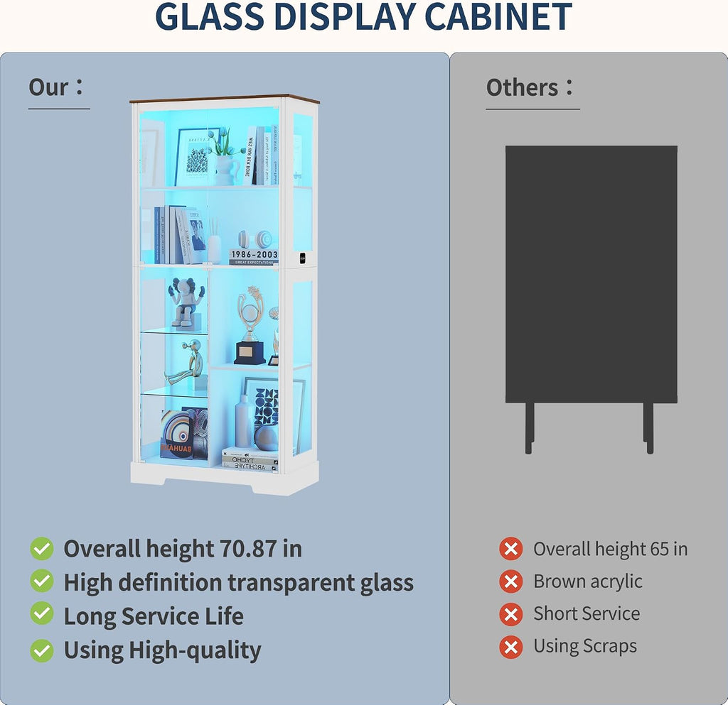 180Cm LED Display Cabinet with Glass Doors for Collectibles,White | Curio Cabinet with Glass Shelf,6-Tier Display Cases with 3 Color Lights and Human Body for Bedroom,Books,Toys