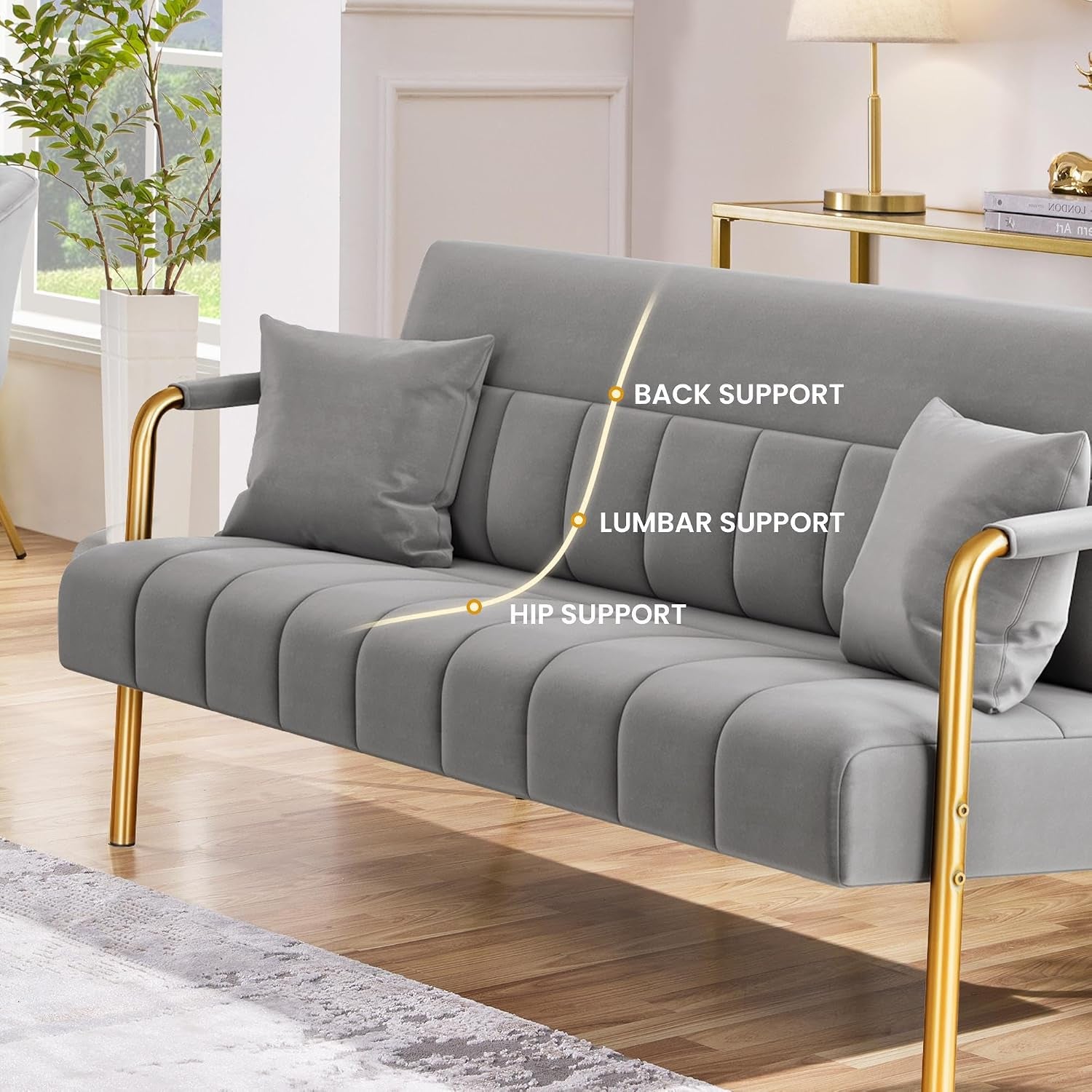 Light Grey 2 Seater Sofa, Velvet Small Compact Loveseat Couch | Upholstered Sofa Bed, Golden Metal Arms and Legs, Small Space for Apartment Bedroom Living Room, Easily Assembly