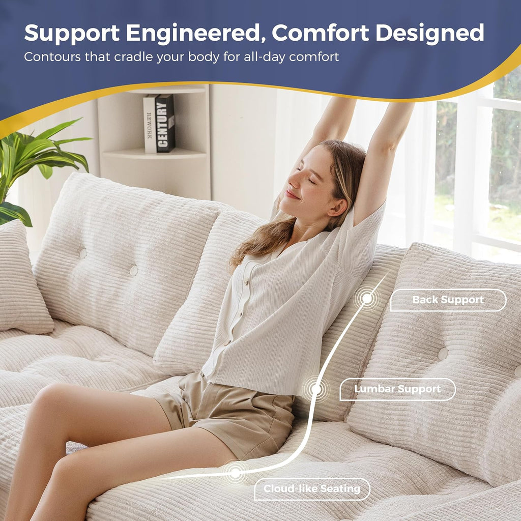 Modular Sectional Sofa,Jumbo Cord 3-4 Seater Corner Sofa Left/Right Hand Facing Corduroy L Shaped Couch for Living Room Bedroom, No Assembly Required Off-White