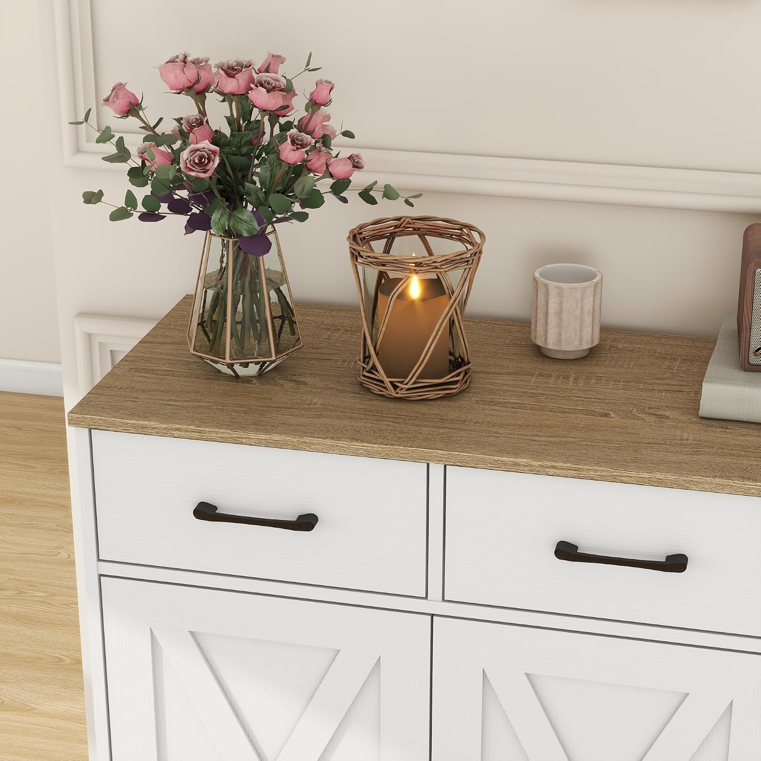 Wooden Sideboard 3 Drawers 3 Doors Entryway Dining Room Console Living Room Storage Farmhouse Sideboard Cabinet (White)