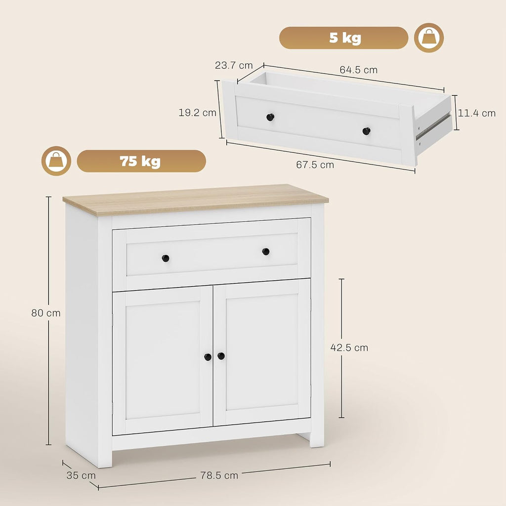 Sideboard Storage Cabinet with Drawer and Double Doors White | Modern Kitchen Cupboard, Adjustable Shelf, Sideboard for Living Room, Dining Room, Hallway