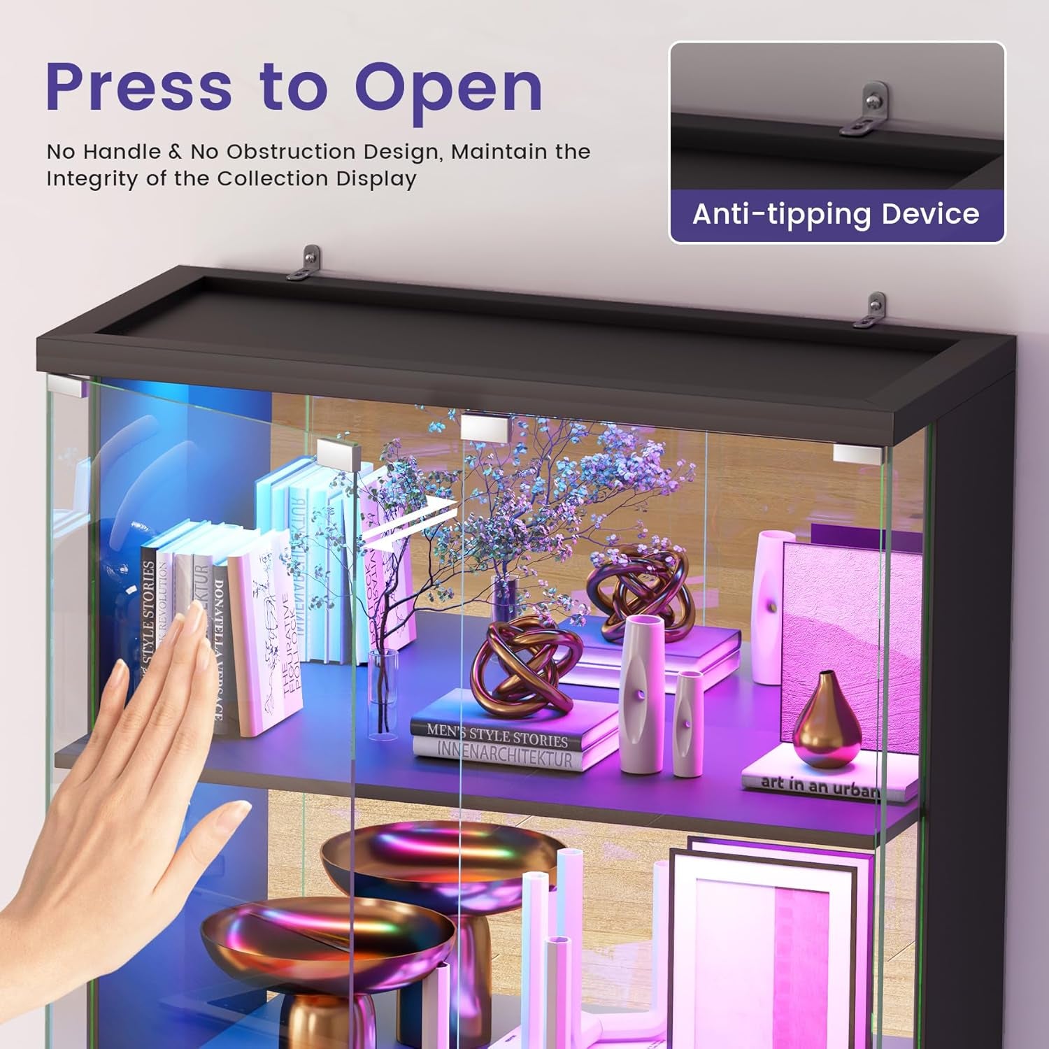 RGB Display Cabinet with Glass Doors, 175CM, Black | RGB Lights, 5-Tier Lockable Shelves for Collectibles/Figures/Books, Smart Human Sensor, for Living Room, Gaming Room