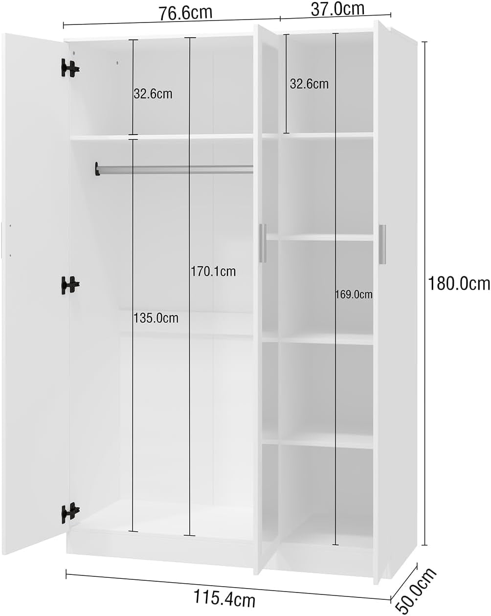 3 Doors Mirrored Wardrobe for Bedroom Bedroom Furniture Robe with 6 Storage Compartments, Hanging Rail, 115.4 X 50 X 180 Cm (White)