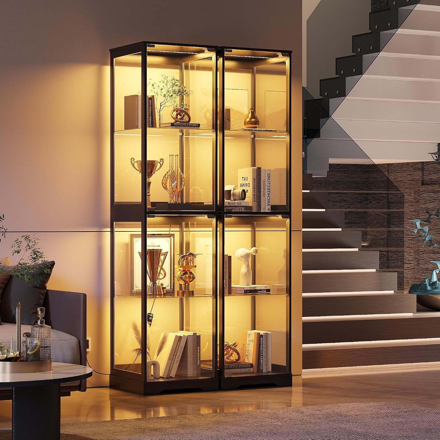 Glass Display Cabinet with LED Lights, 165CM Tall, Black | 3-Color Lights, 4-Tier Storage Shelf, Space-Saving, for Collectibles/Toys/Books, for Living Room