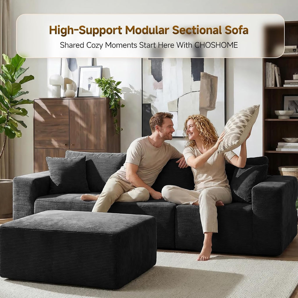 275 Cm Modular L-Shaped Sectional Sofa, 3/4 Seater Corner Sofa with Chaise Lounge, Boneless Cloud Couch, Modern Plush Corduroy Couch for Apartment & Living Room, No Assembly Required, Black