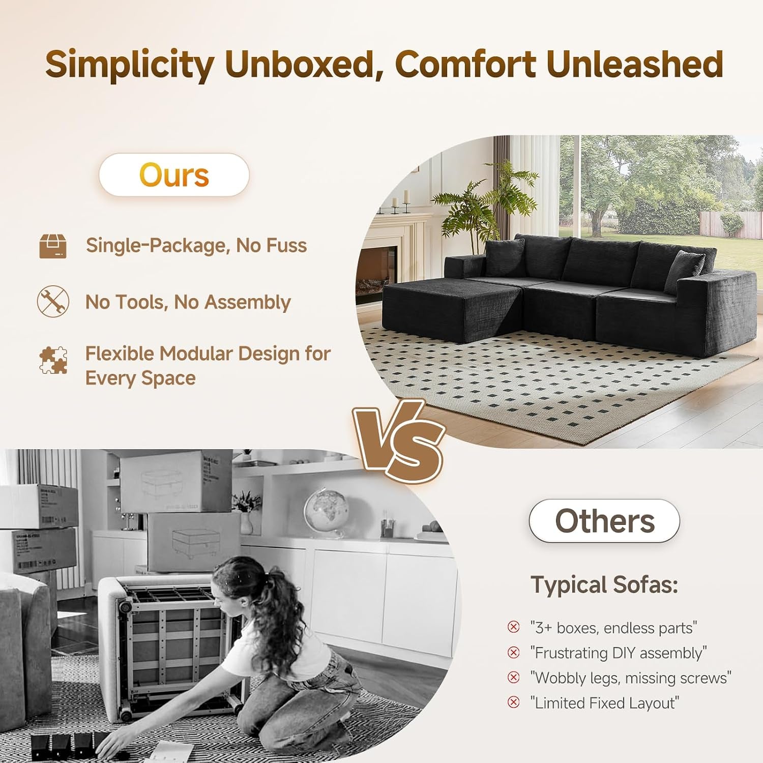 275 Cm Modular L-Shaped Sectional Sofa, 3/4 Seater Corner Sofa with Chaise Lounge, Boneless Cloud Couch, Modern Plush Corduroy Couch for Apartment & Living Room, No Assembly Required, Black