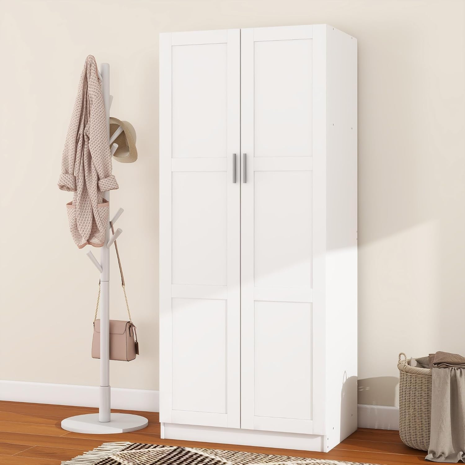 2 Door Wardrobe Double Wardrobe Closet with Storage Shelf & Hanging Rail Bedroom Furniture, 72 X 47 X 169Cm, White